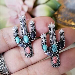 Silver Tone Cactus Stud Earrings with Turquoise and Coral Stones